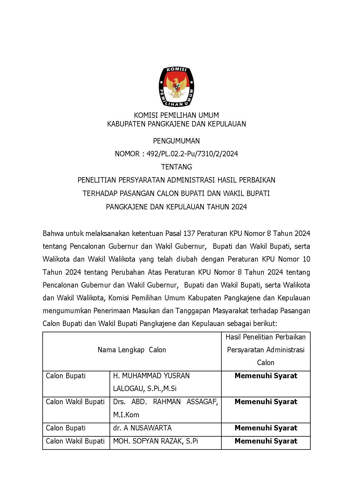 KPU Pangkep Buka Penerimaan Masukan & Tanggapan Masyarakat untuk Paslon Pilkada 2024