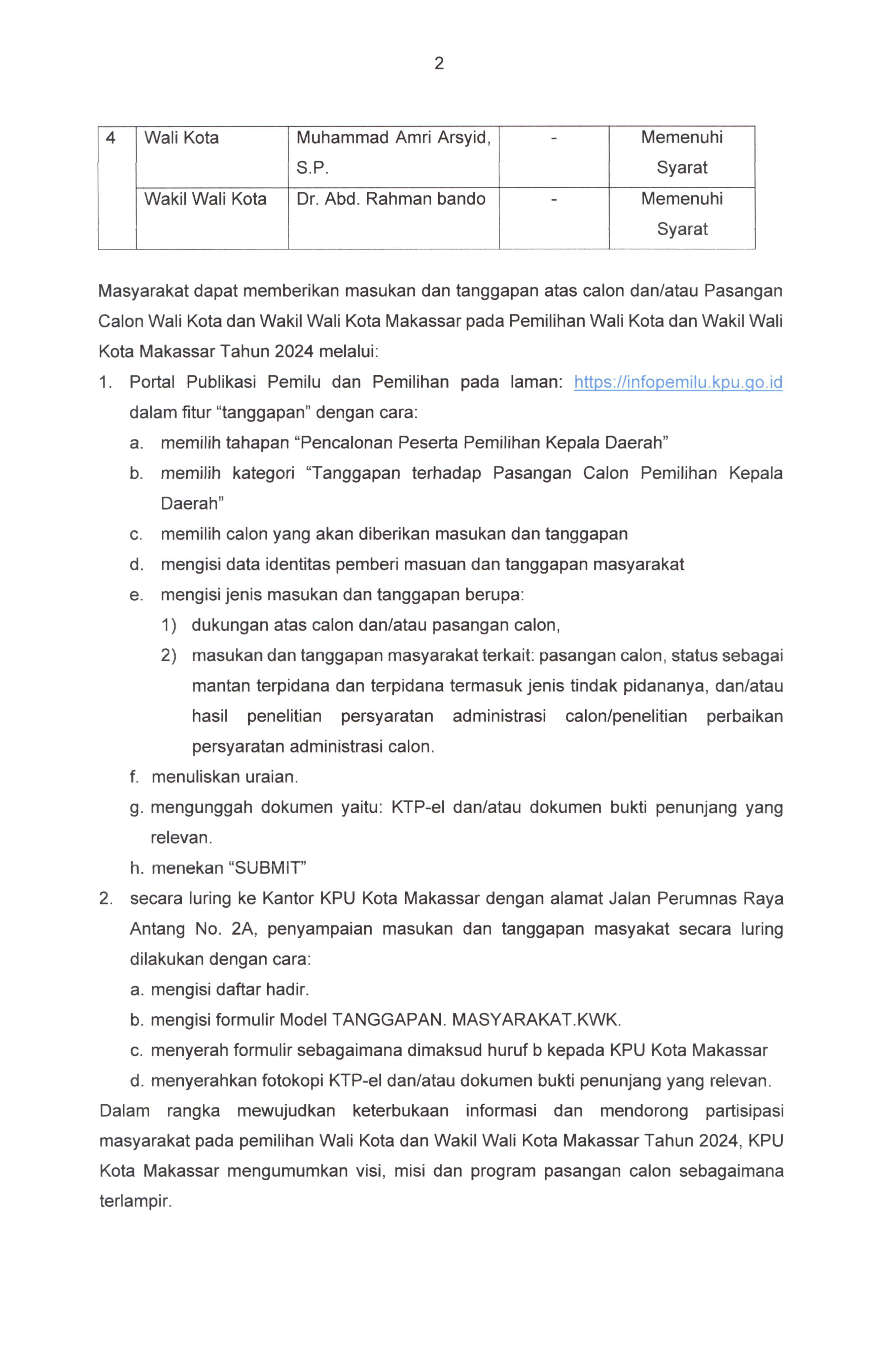 KPU Makassar Buka Masukan dan Tanggapan Masyarakat untuk Paslon Pilwalkot 2024