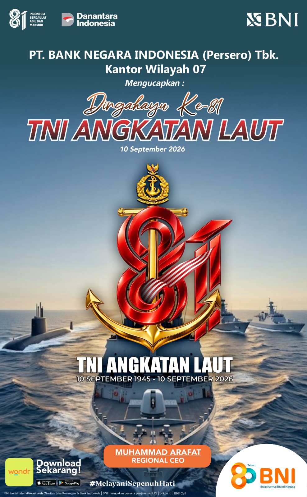 BNI Wilayah 07 Ucapkan Dirgahayu ke-81 TNI Angkatan Laut