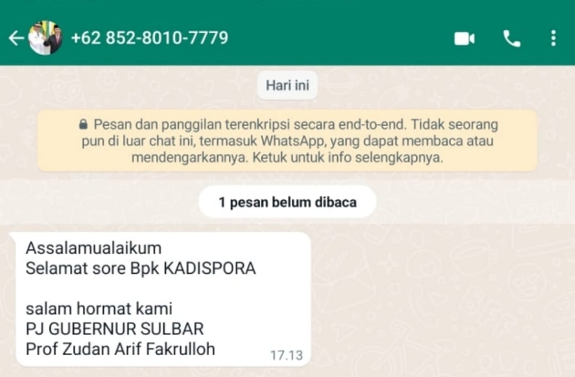 Nama Pj Gubernur Sulbar Prof Zudan Kembali Dicatut Penipu via WhatsApp