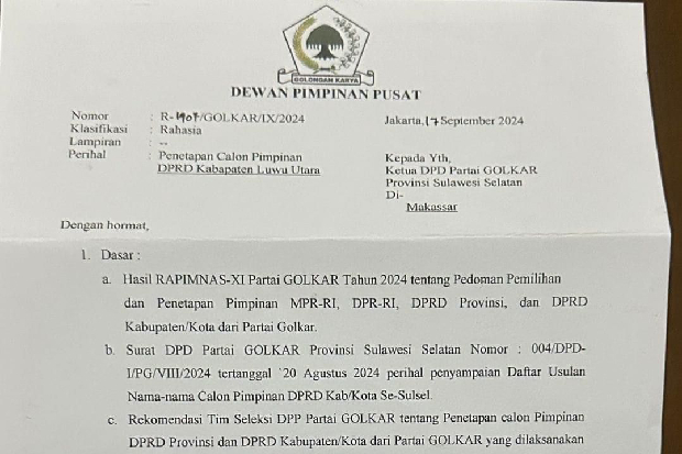 Beredar Surat Palsu Golkar soal Penetapan Pimpinan DPRD Luwu Utara