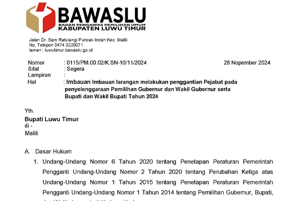 Bawaslu Lutim Ingatkan Bupati Budiman Tak Lakukan Mutasi Pasca Pilkada 2024