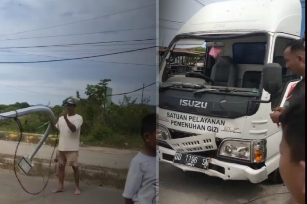 Mobil Badan Gizi Nasional di Jeneponto Tabrak Tiang Listrik hingga Roboh