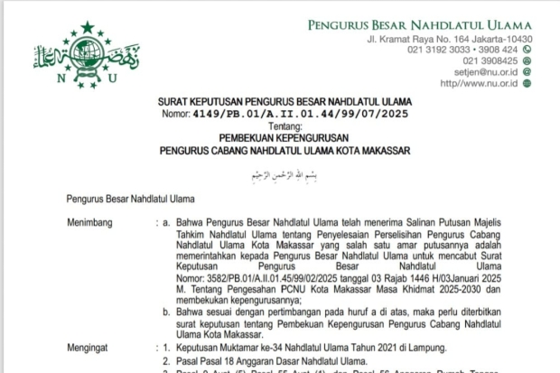 Resmi! PBNU Bekukan Kepengurusan PCNU Kota Makassar