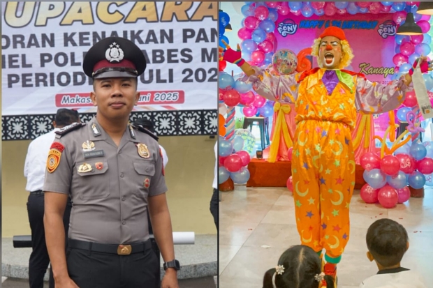 Inspiratif! Polisi Kerja Sampingan Jadi Badut Sulap untuk Hibur Warga