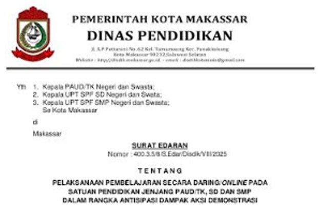 Antisipasi Dampak Demonstrasi, PAUD/TK hingga SMP di Makassar Belajar Daring