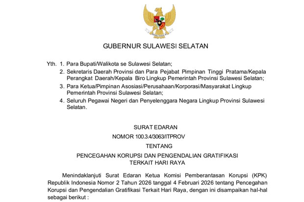 Pemprov Sulsel Minta ASN Tolak Gratifikasi dan Laporkan ke KPK