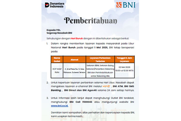 BNI Tetap Layani Nasabah Saat Libur Hari Buruh, Ini Jadwal Operasional di Makassar