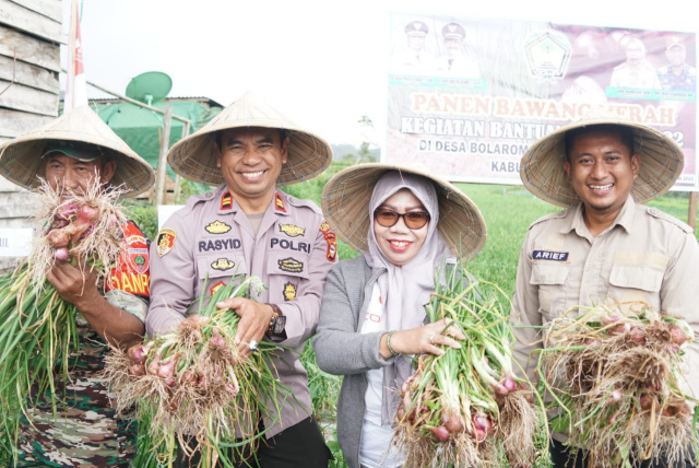 Sekretaris Daerah Kabupaten Gowa, Kamsina didampingi Kepala Dinas Tanaman Pangan dan Hortikultura Kabupaten Gowa, Muh. Fajaruddin, menghadiri panen perdana bersama kelompok tani Desa Bolaromang, Kecamatan Tombopa, Sabtu (11/3/2023).