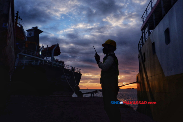 Petugas memantau proses bongkar muat pupuk di Pelabuhan Makassar, Sulawesi Selatan, Selasa (28/5/2024).