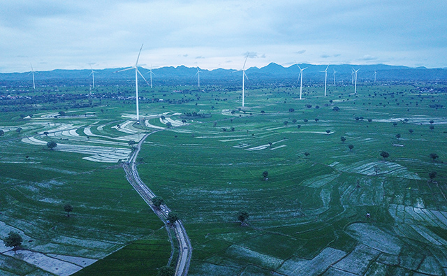 Hamparan sawah padi tumbuh subur di sekitar PLTB Jeneponto, menciptakan harmoni antara pertanian tradisional dan energi terbarukan.