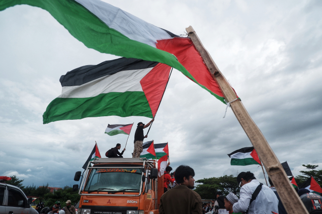 Massa dari berbagai ormas Islam mengibarkan bendera Palestina saat mengikuti aksi damai 