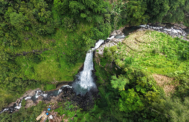 Debit air yang deras mengalir dari tebing curam, berpadu dengan hamparan hijau hutan tropis yang masih asri, menciptakan panorama alam yang menenangkan sekaligus menyegarkan pandangan.